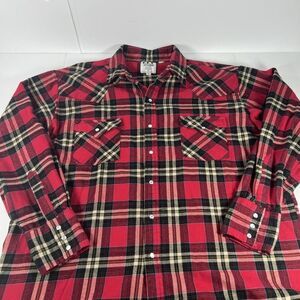 Ely Cattleman‎ Men's Red Plaid Flannel Long Sleeve Pearl Snap Western Shirt XL